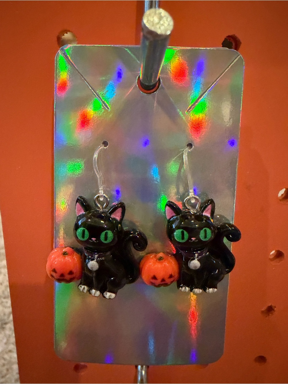 Black Cat Halloween Dangle Earrings with Orange Pumpkin Charm - Hypoallergenic
